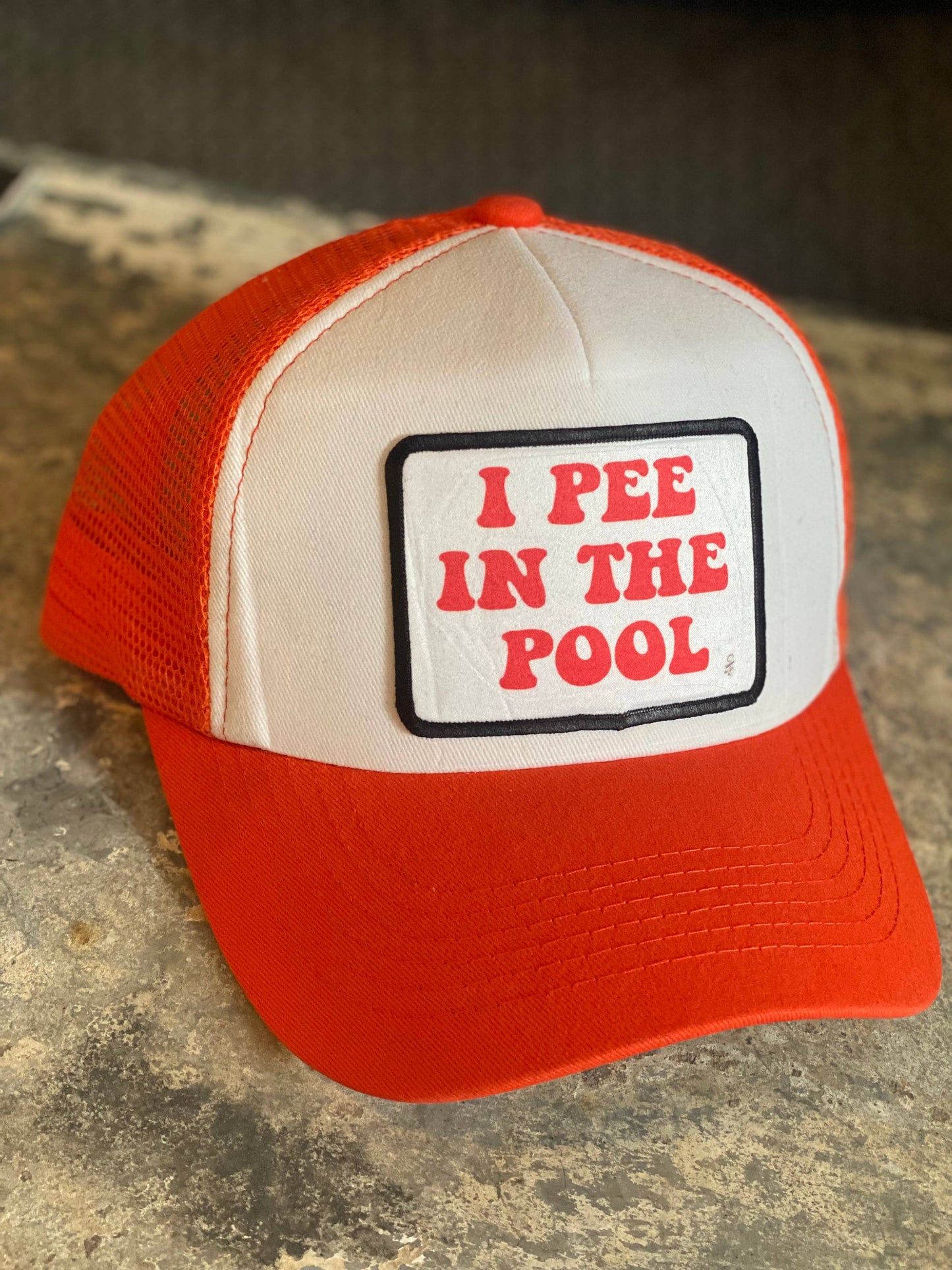 I Pee in the Pool Hat (Neon Orange/White) - Trucker Hat