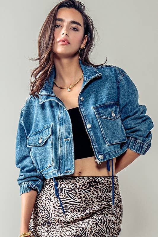 Utility Cropped - Drawstring Denim Jacket