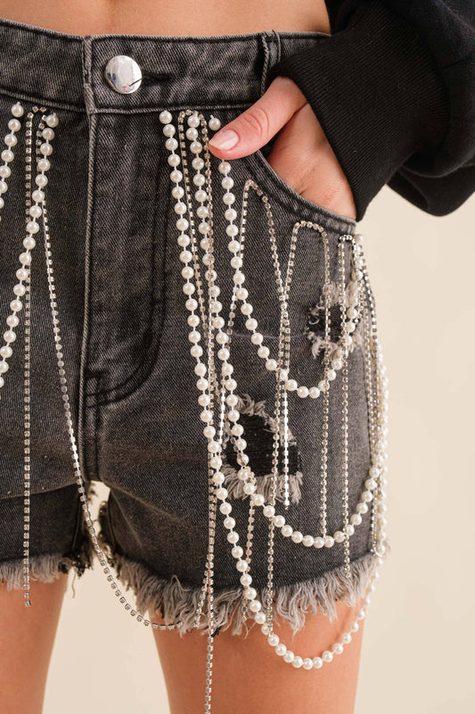 Bling N Pearls - High waisted Denim Shorts